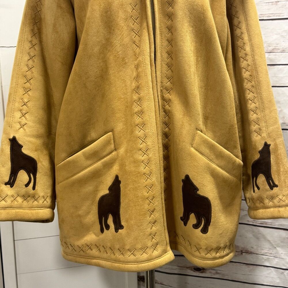 Coldwater Creek Wolf Coat Jacket Tan Faux Suede Lined Full Zip Fur Hooded Medium - Picture 2 of 14